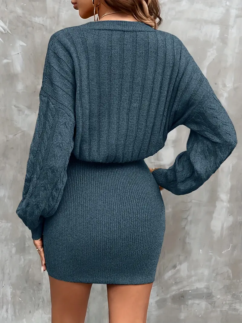 Solid Color V-neck Twist Knitted Dress, 