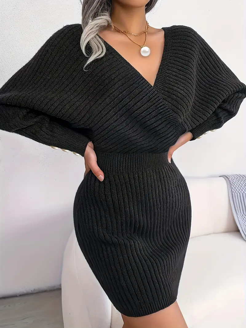 Surplice Neck Long Sleeve Slim Dress, Elegant Solid Color Backless Button Detail Ribbed Sweater Dress, 