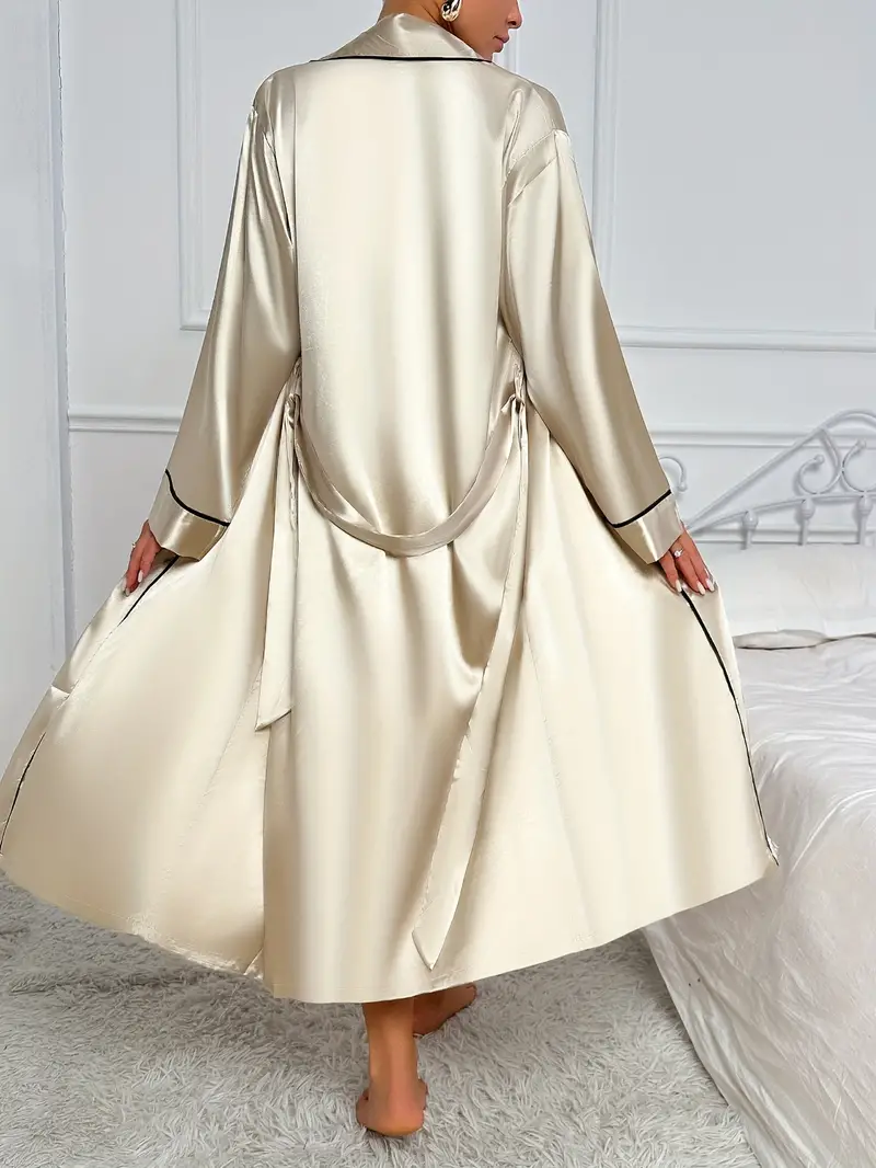 Women's Luxurious Silky Pajama Set - Soft Long Sleeve Robe, Comfortable Relaxed Fit Slip Dress, Elegant Contrast Binding, Cozy Lounge Wear for Sleeping, Relaxation, and Leisure