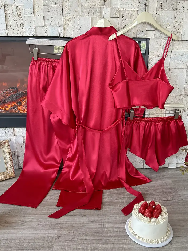 4pcs Women'S Satin Pajama Set - Sexy V-Neck Robe with Sash, Matching Mini Bralette and Shorts, Solid Color, Polyester, 