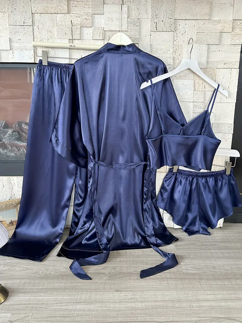 4pcs Women'S Satin Pajama Set - Sexy V-Neck Robe with Sash, Matching Mini Bralette and Shorts, Solid Color, Polyester, 