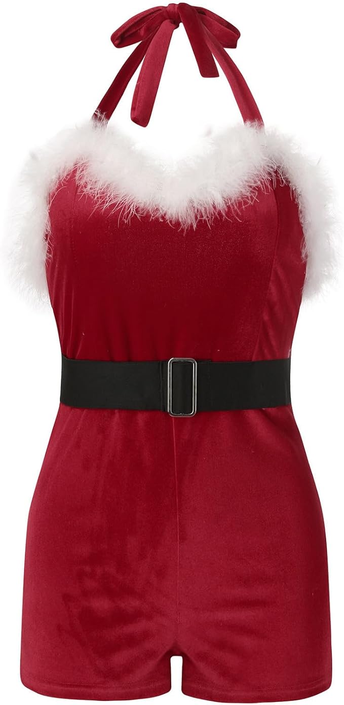 2024 Christmas Lingerie Lace Home Wear Pajamas Santa Costume Gold Velvet Romper 