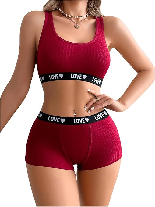Women's 2 Piece Letter Print Lingerie Set Sleeveless Scoop Neck Sports Bras and Boyshorts Set