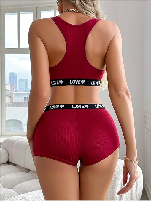 Women's 2 Piece Letter Print Lingerie Set Sleeveless Scoop Neck Sports Bras and Boyshorts Set