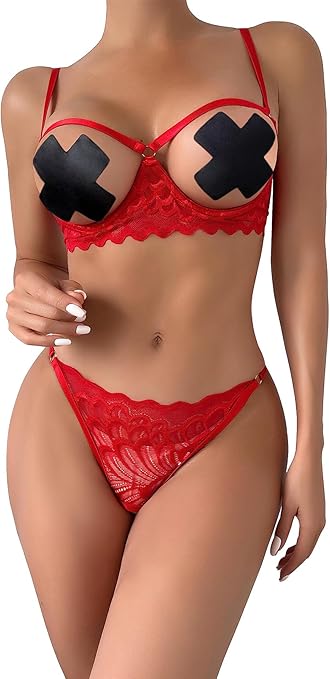Lilosy Sexy Underwire Floral Lace Sheer Lingerie Set for Women See Through Bra and Panty 2 Piece