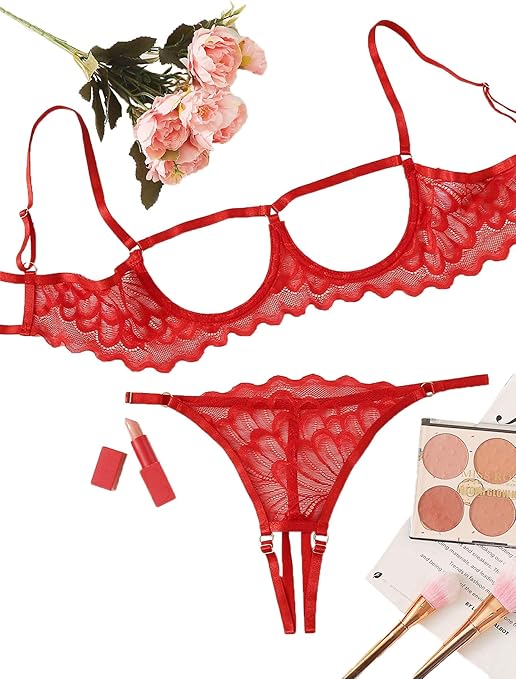 Lilosy Sexy Underwire Floral Lace Sheer Lingerie Set for Women See Through Bra and Panty 2 Piece