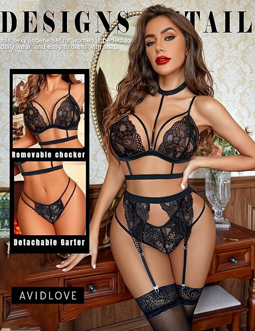 Avidlove Lace Garter Lingerie Set with Removable Choker Teddy Babydoll Strappy Bra and Panty Set 