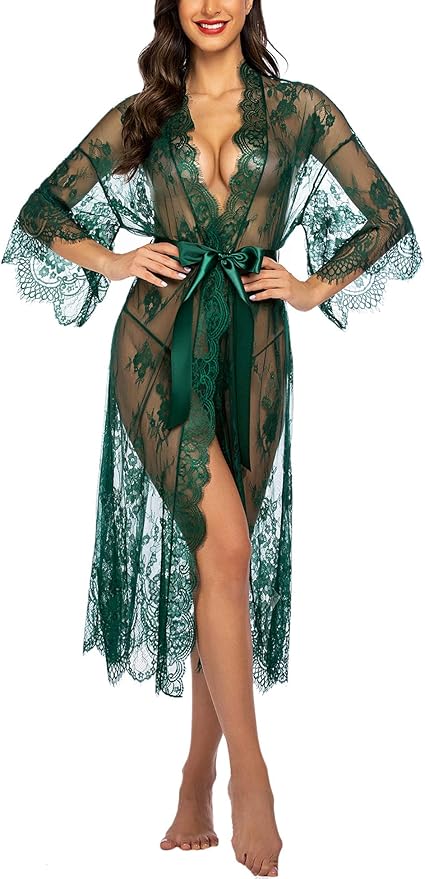 Women Sexy Long Lace Lingerie Kimono Robe Sheer Babydoll Nightgown Nightdress