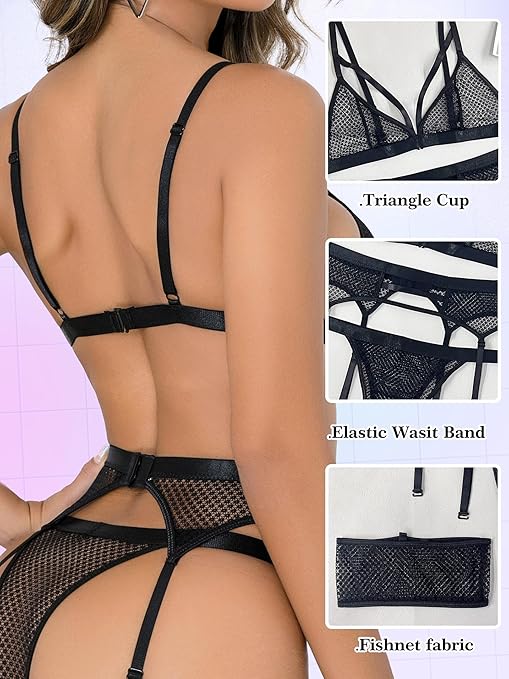 Women's Sexy Lingerie Set with Garter Belt Matching Bra and Panty Lingeries Sets 4 Piece