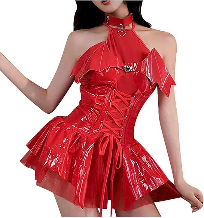 JOAU Women Cute Anime Lace Up PU Leather Lingerie Chemise Sexy Mesh Devil Babydoll Cosplay Lingerie Set with Choker Thong