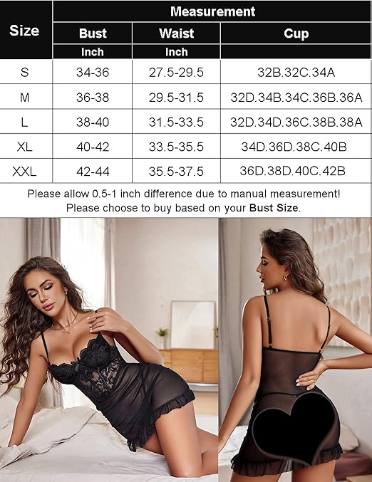 Lingerie for Women Lace Babydoll Ruffle Hem Hip Dress Bra with Underwire Chemise Push Up Nightgown