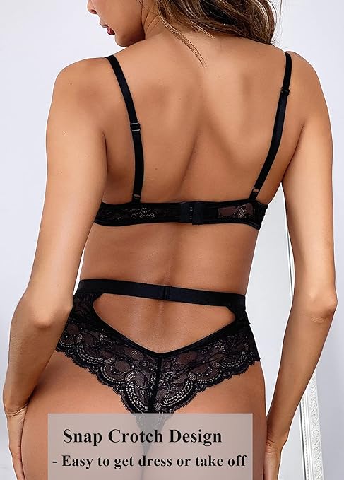 Aranmei Women Sexy Lingerie Bodysuit Lace Teddy Snap Crotch V Neck Cut Out One Piece Babydoll Underwire