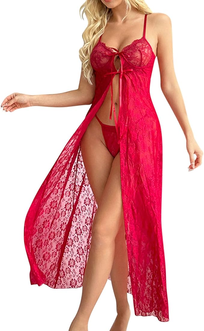 Women Sexy Open Front Lace Up Bows Chemises Floral Lace Sheer Babydoll Lingerie Dress Set Long Nightgown with Thong Set