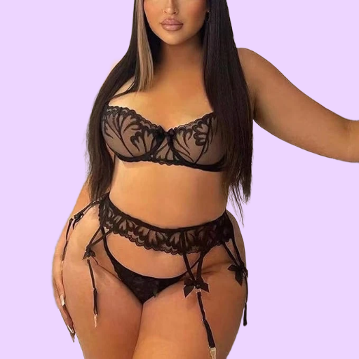 Womens Sexy Mesh Sheer Lingerie Floral Embroidery Bowknot Scalloped Babydoll 3PC Bra Underpants Garter Sets for Sex Naughty