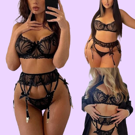 Womens Sexy Mesh Sheer Lingerie Floral Embroidery Bowknot Scalloped Babydoll 3PC Bra Underpants Garter Sets for Sex Naughty