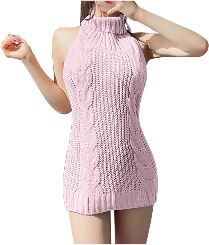 Women Plus Size Virgin-Killer Backless Long Tie Open Turtleneck Sleeveless Sweaters Sleepwear Sexy Slim Fit Knit Tops