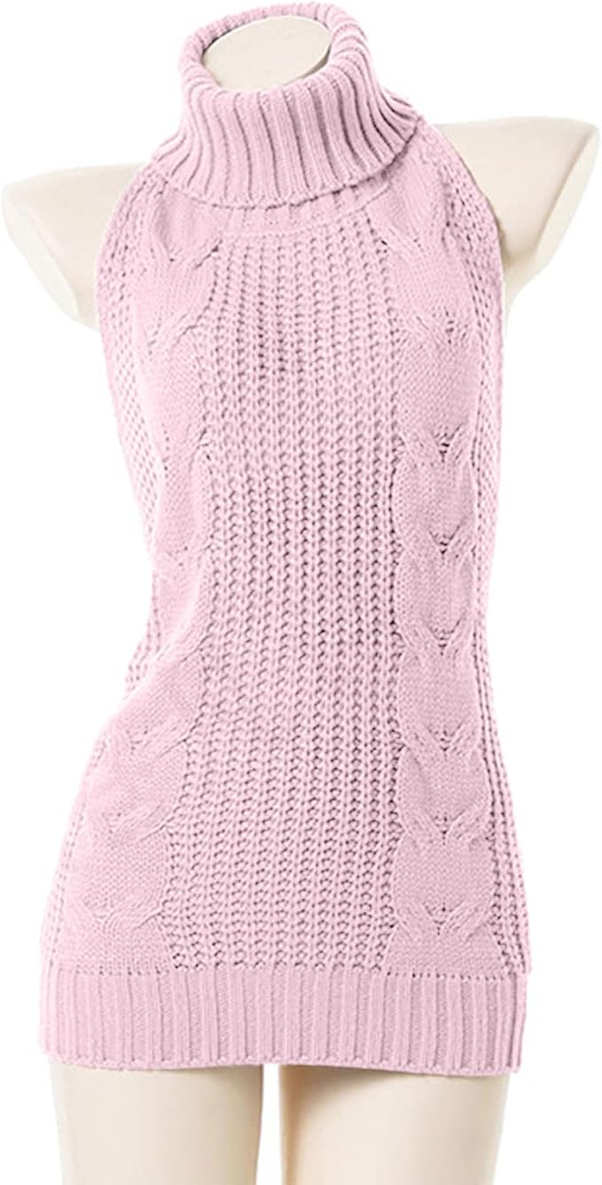 Women Plus Size Virgin-Killer Backless Long Tie Open Turtleneck Sleeveless Sweaters Sleepwear Sexy Slim Fit Knit Tops
