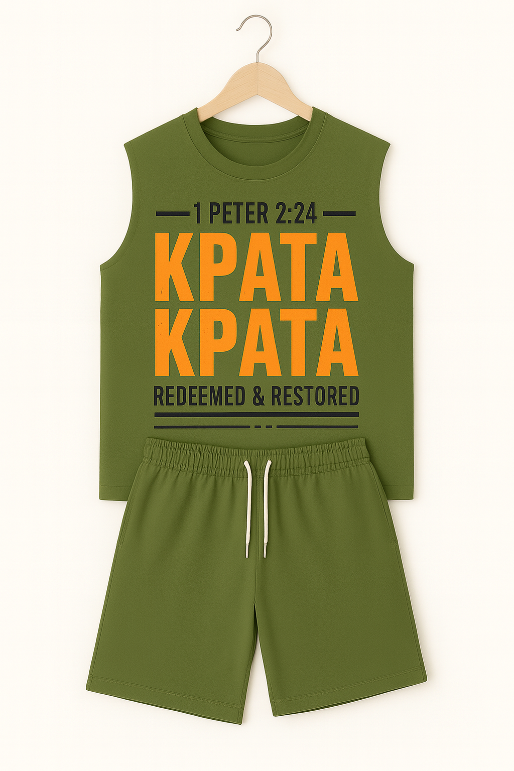 Olive Green Sleeveless Shirt and Shorts Set