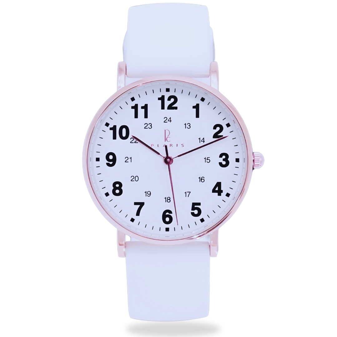  Plaris Nurse Watch for Medical Professionals,Nurses,Doctors,Students with Easy to Read Dial, Military Time, Second Hand and More Colors to Match Your Scrubs (Rosegold White Silicone)