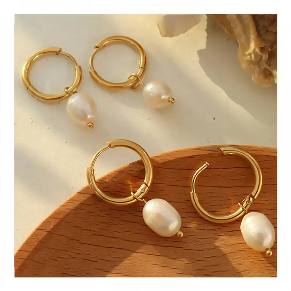 Gold Hoop Earrings with Pearls