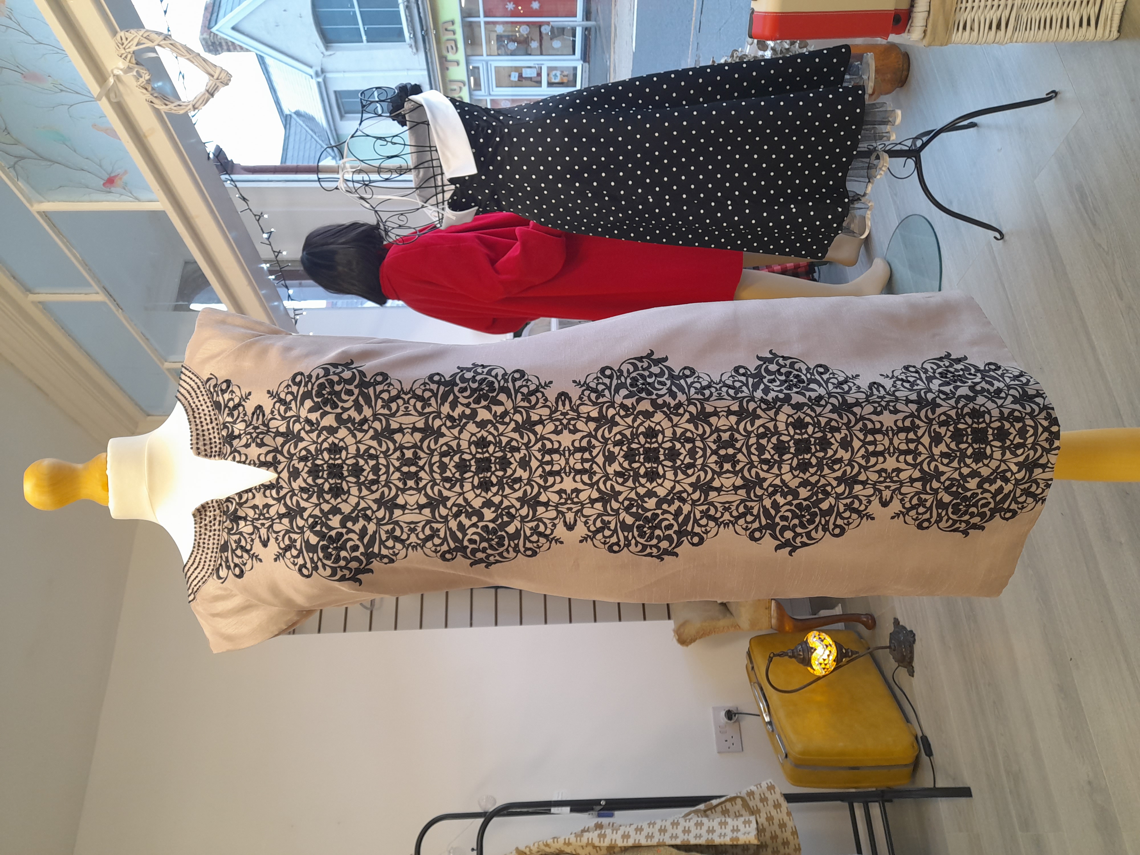 Elegant Monsoon Beige Dress with Black Pattern