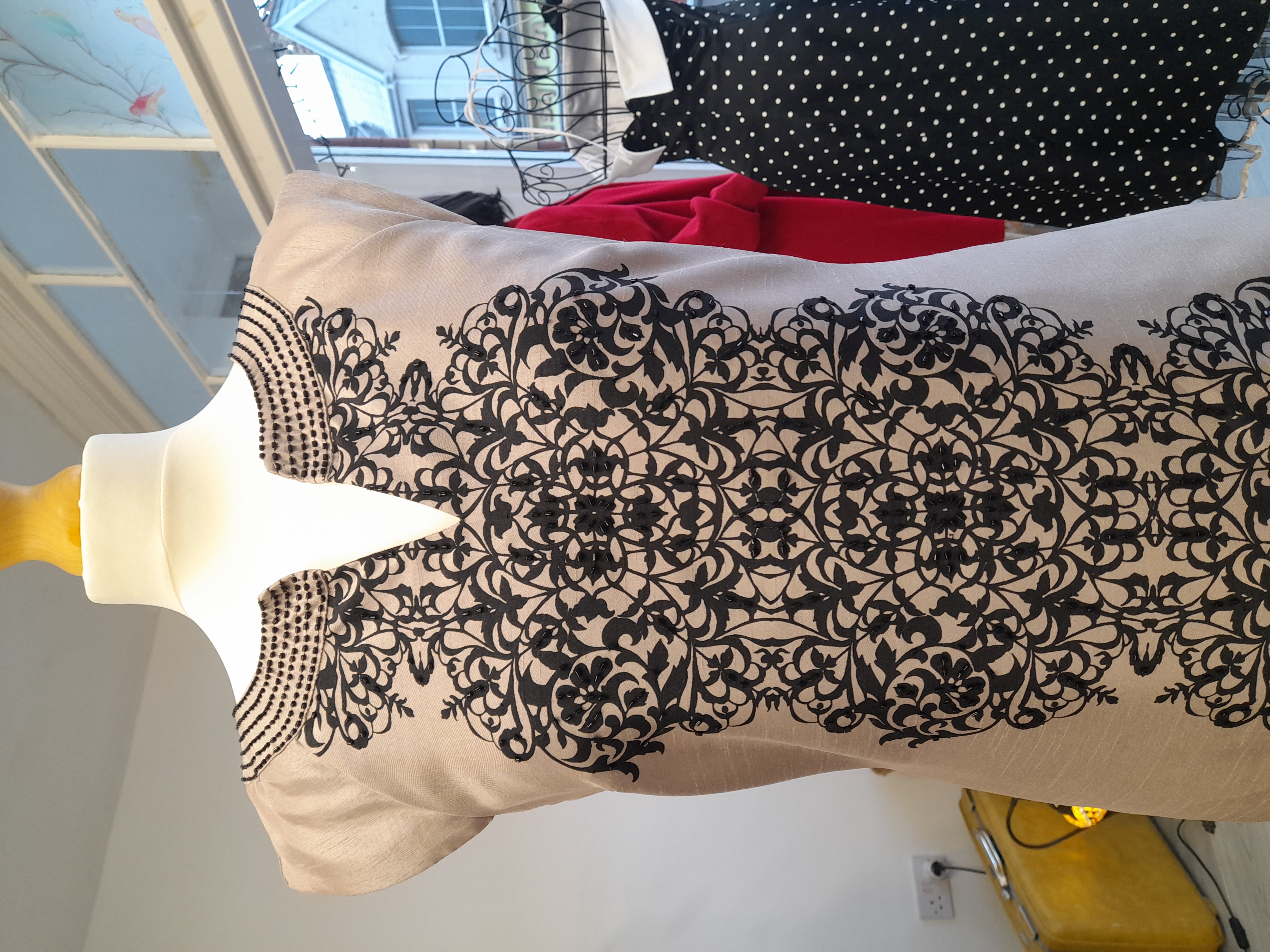 Elegant Monsoon Beige Dress with Black Pattern