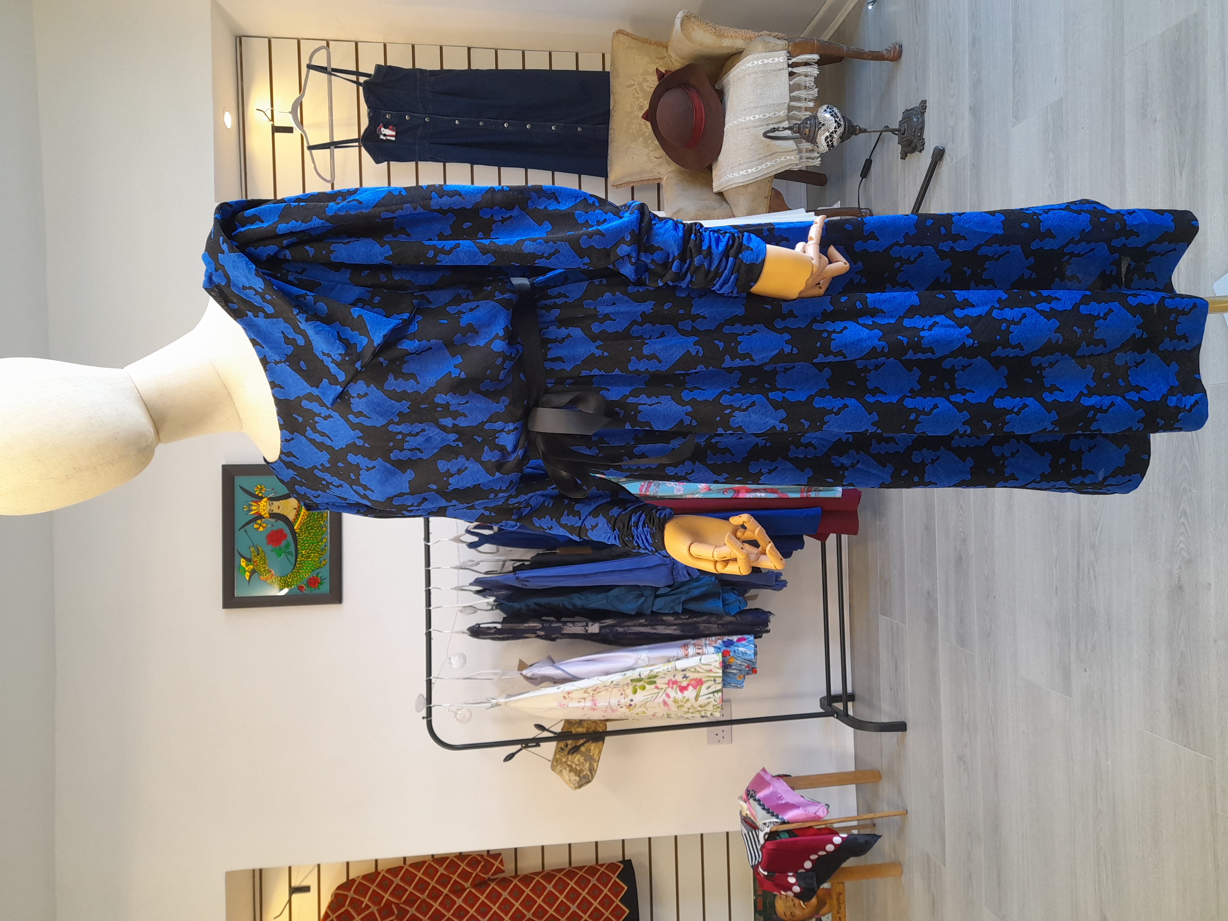 80s Vintage Midi Blue and Black Dress 