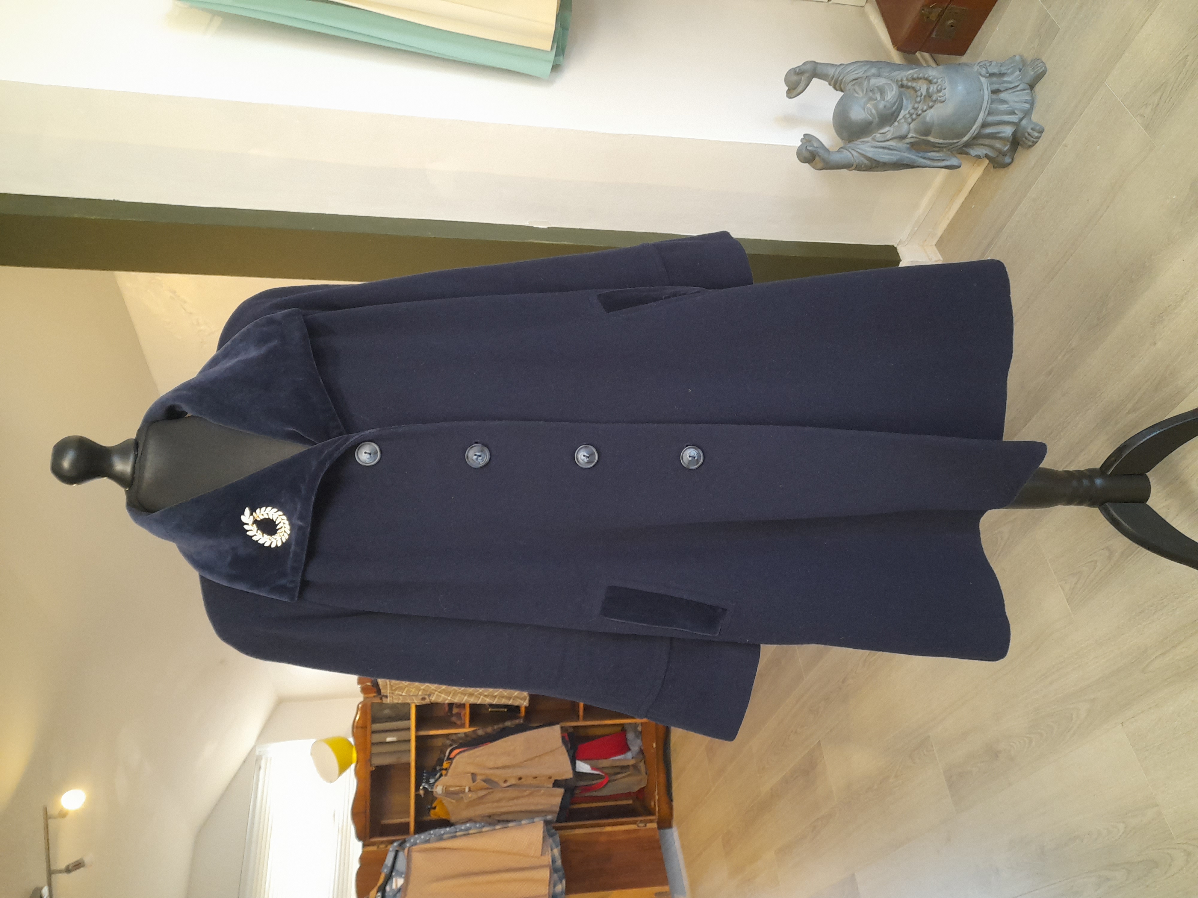 Large Size Vintage Navy Over Coat - Wool Blend