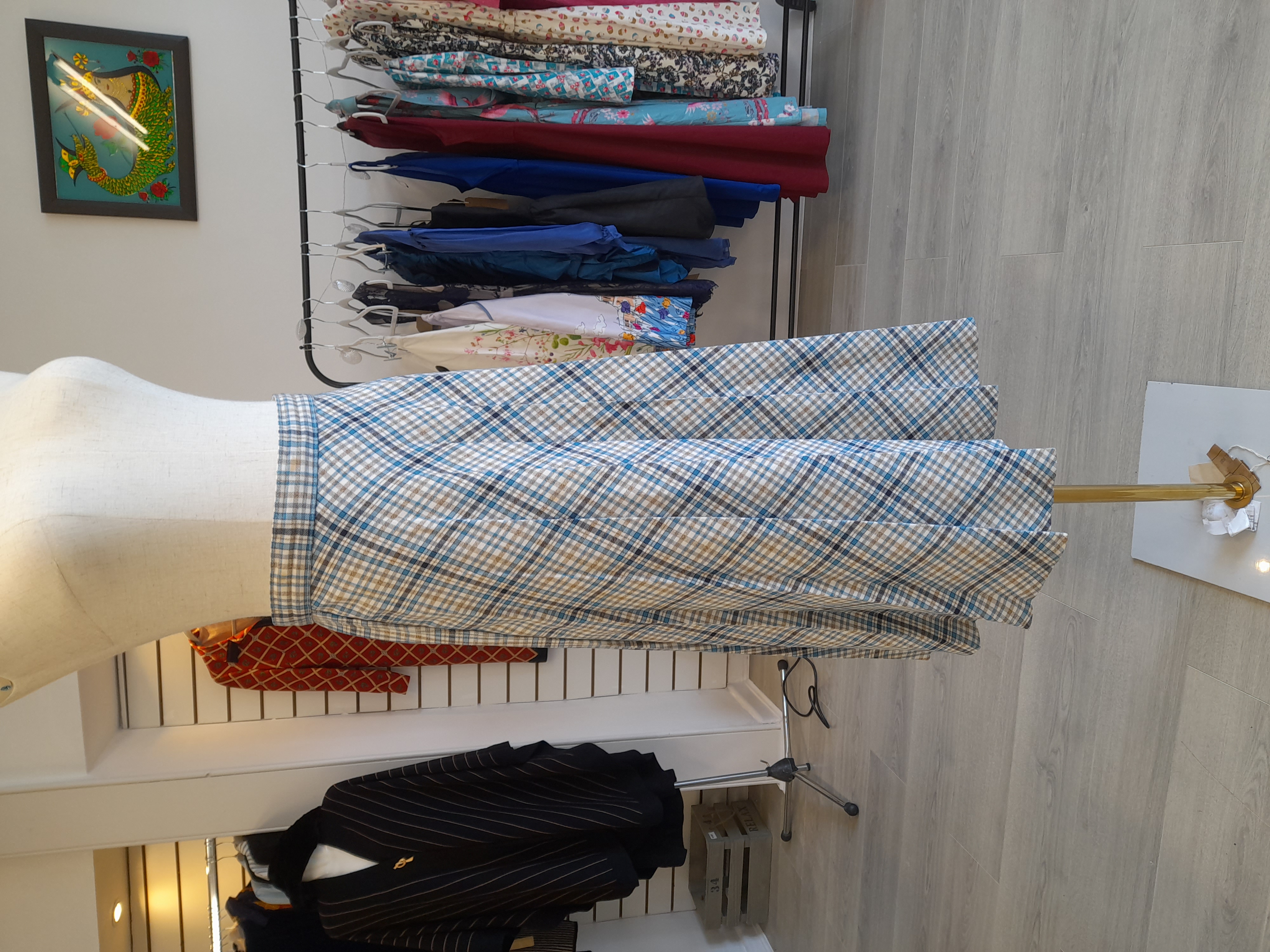 70's Check-blue pleated midi skirt