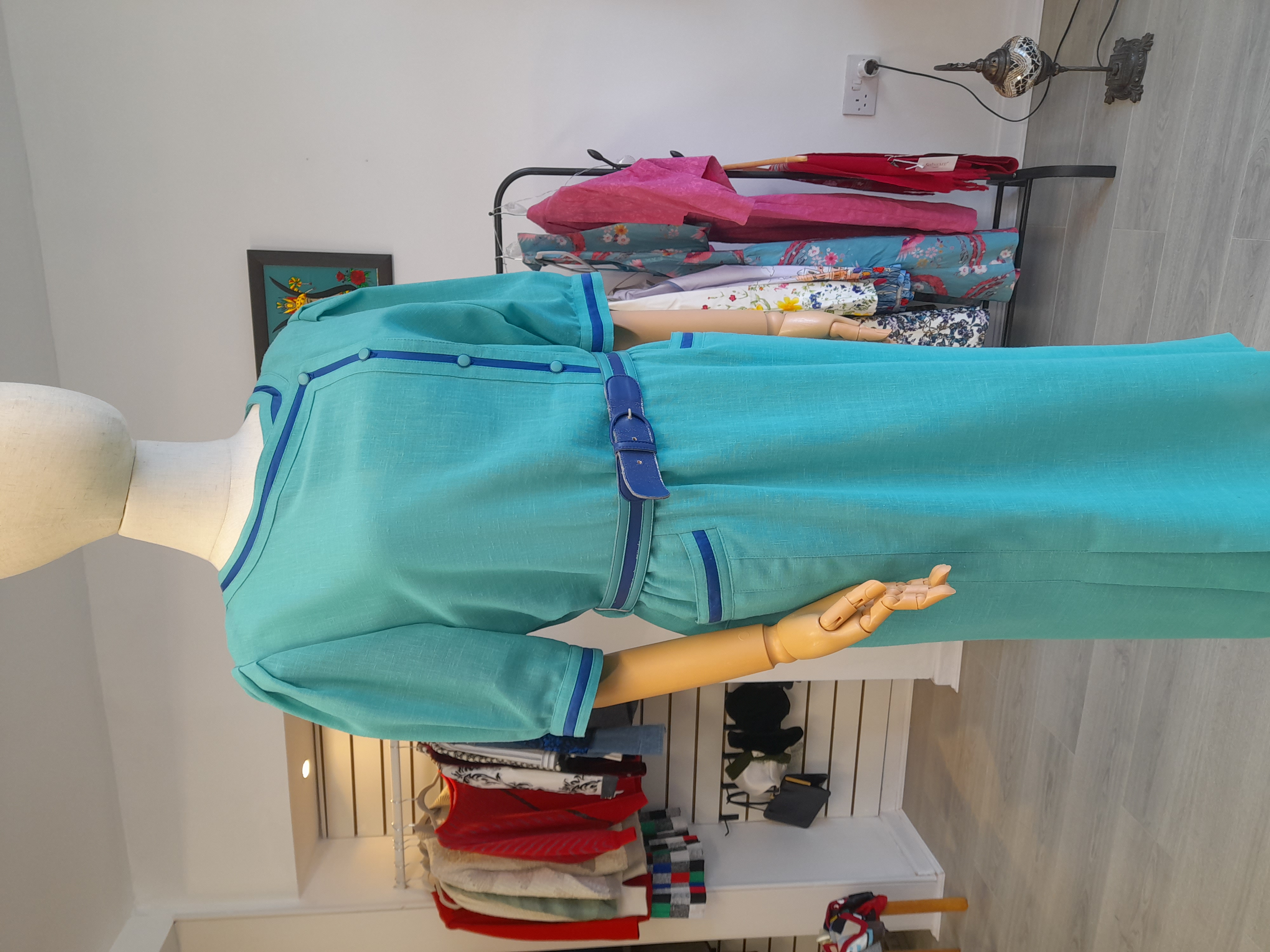 Vintage Green Blue Linen Summer Dress