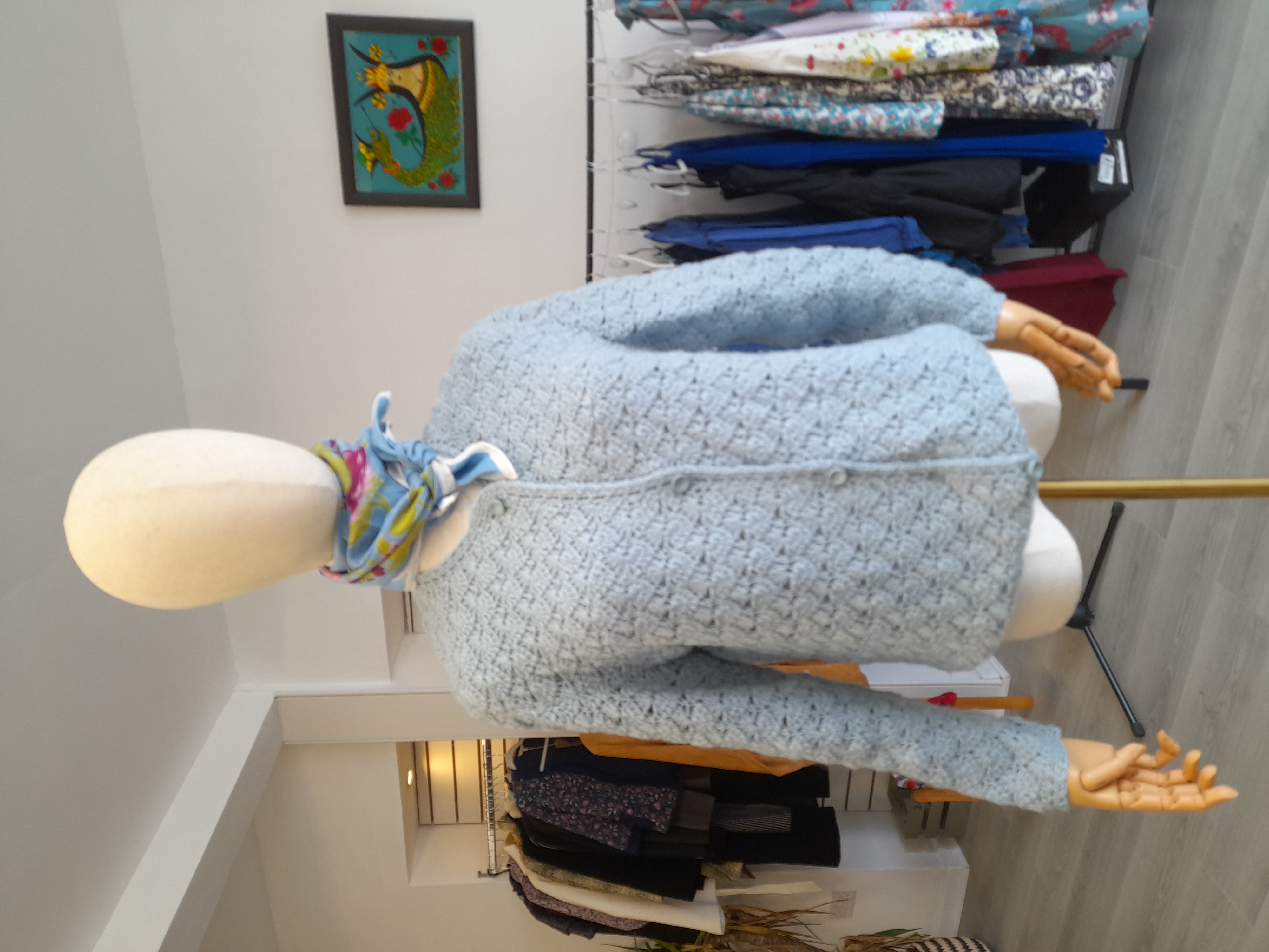 Crochet vintage baby blue cardigan, M