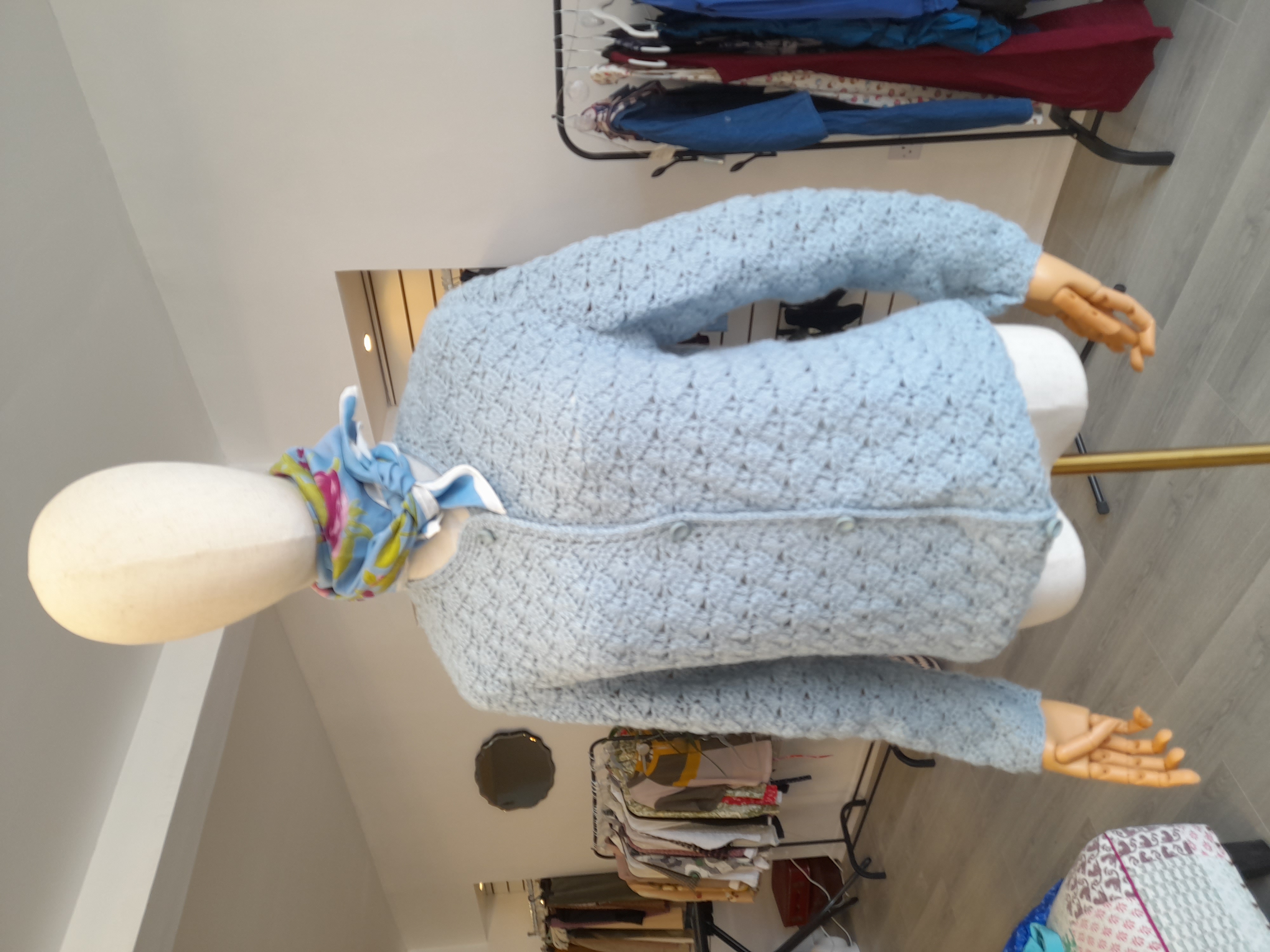 Crochet vintage baby blue cardigan, M