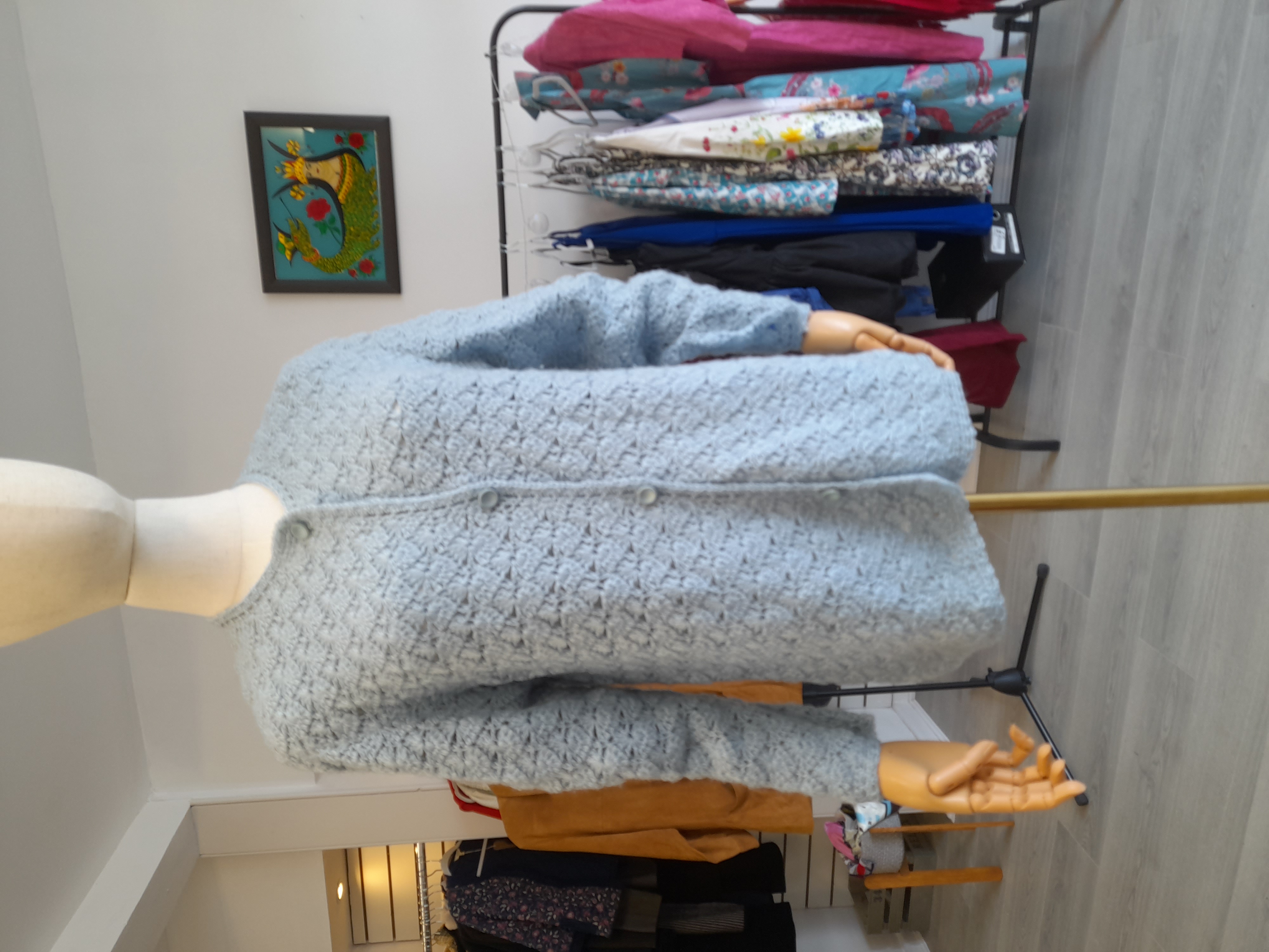 Crochet vintage baby blue cardigan, M