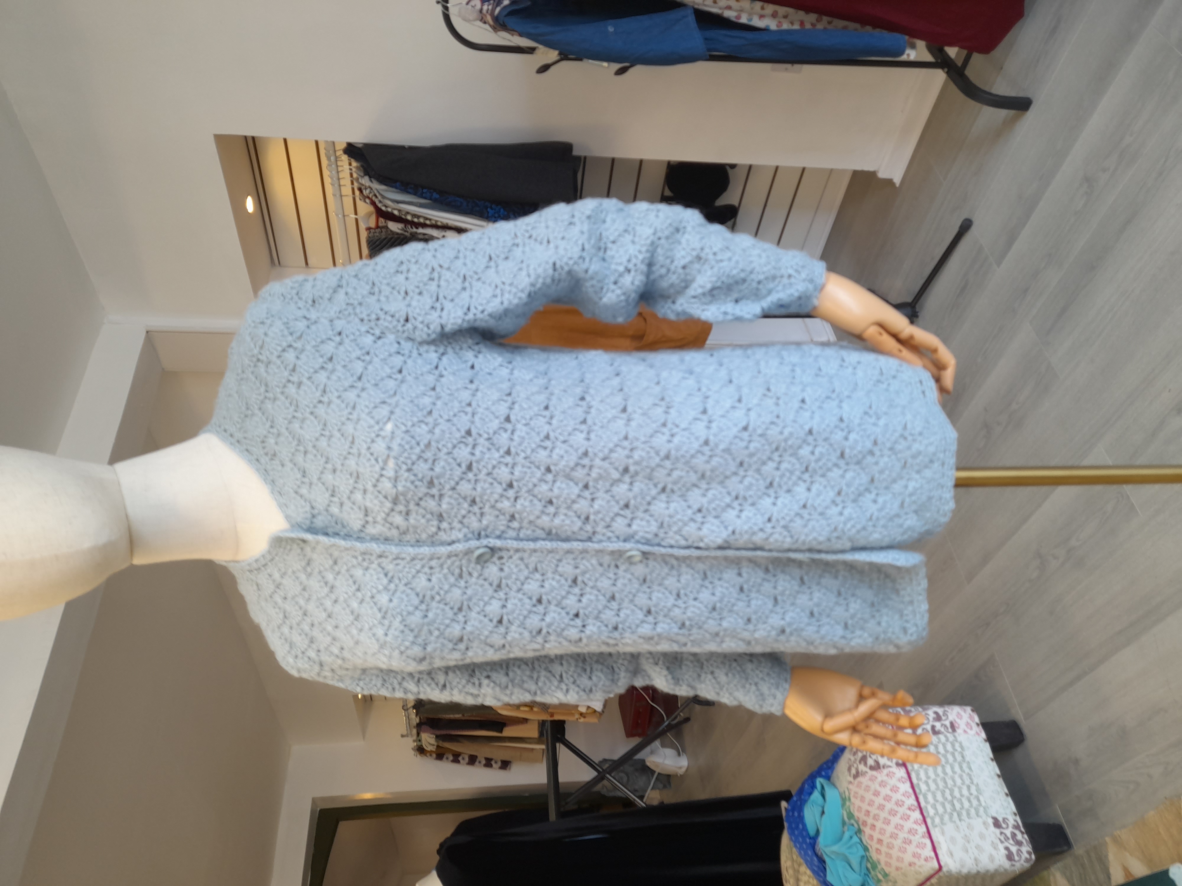 Crochet vintage baby blue cardigan, M