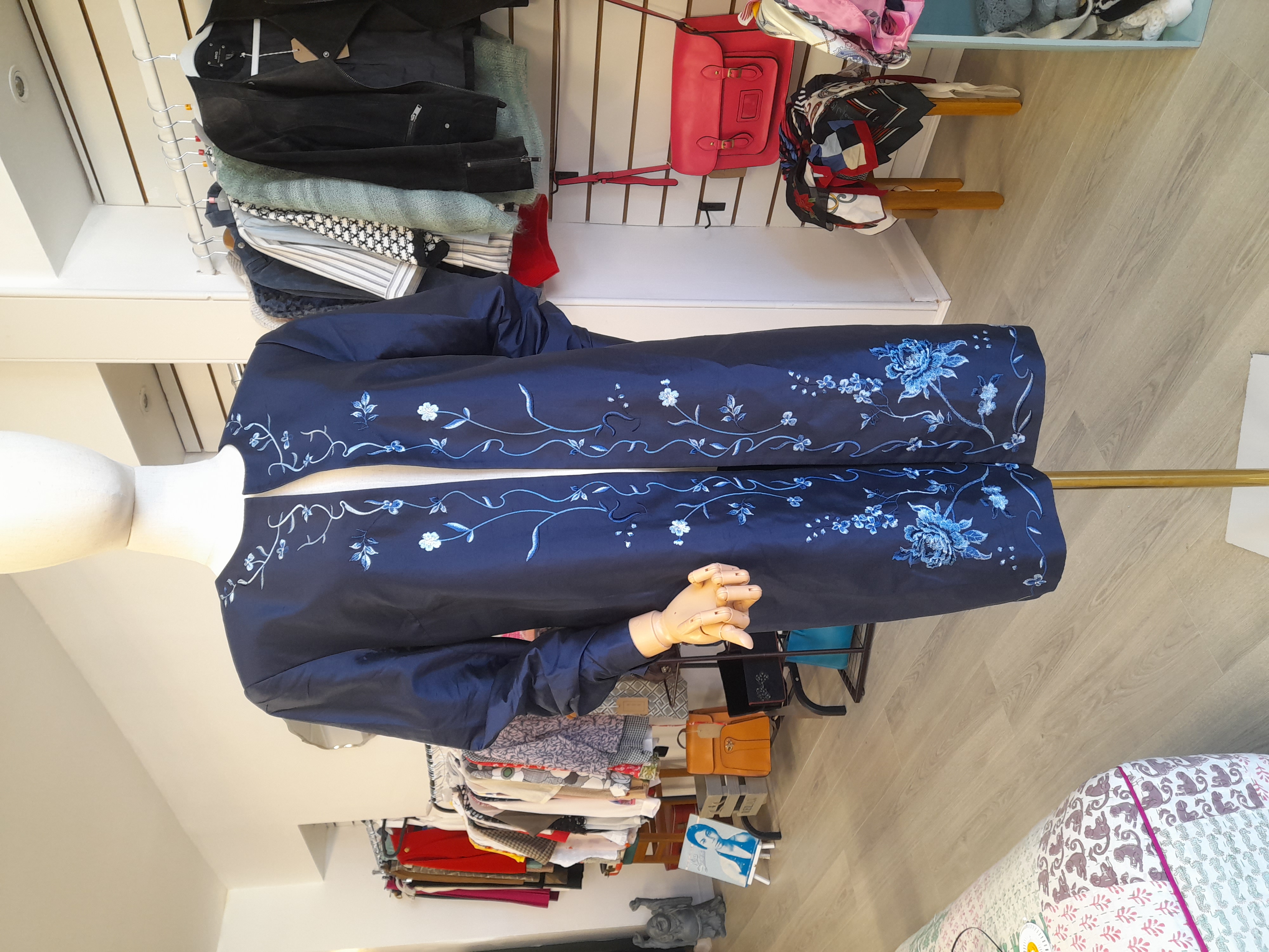 Knee Length Navy and Blue Silk Jacket, Size 10