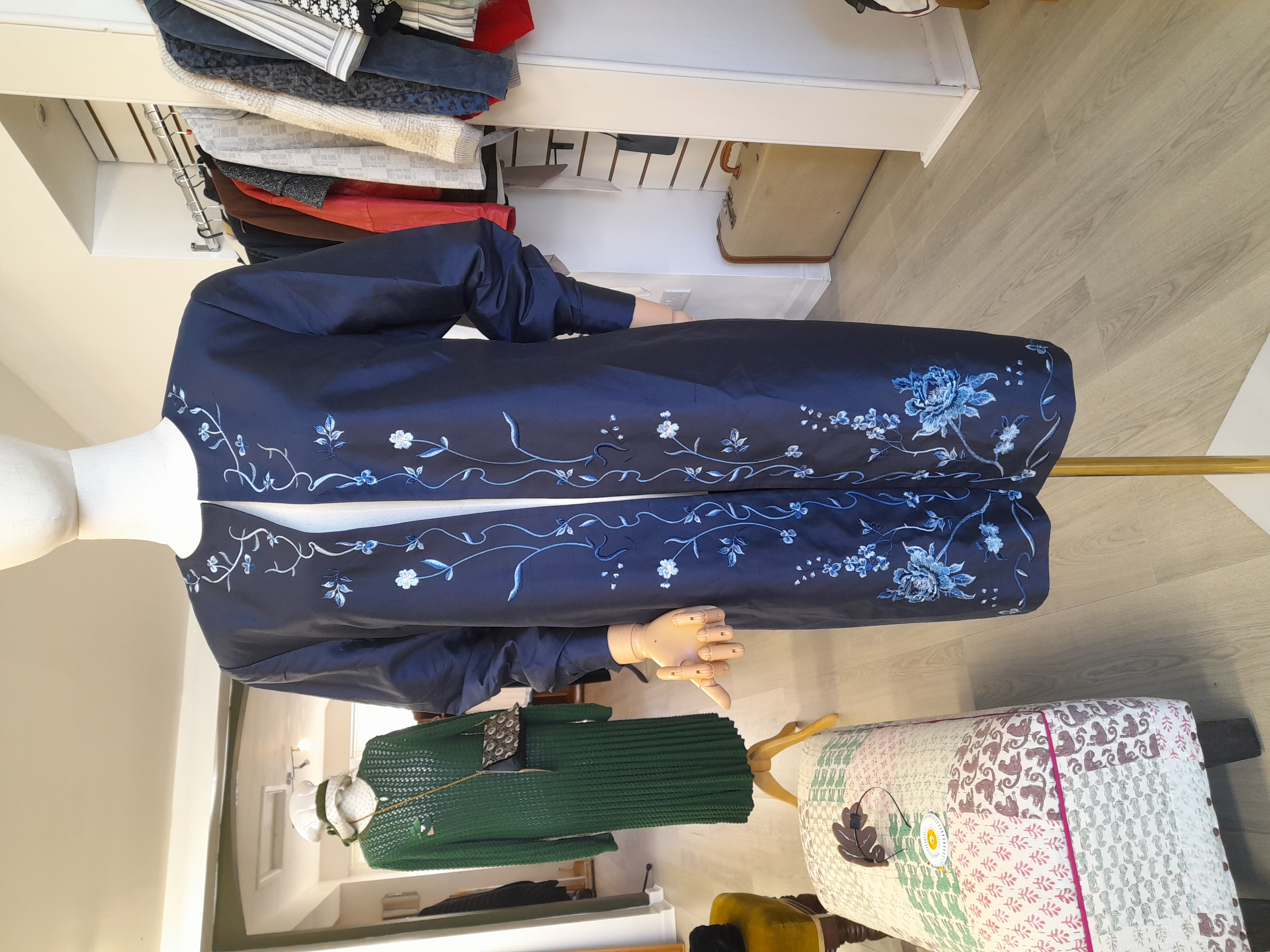 Knee Length Navy and Blue Silk Jacket, Size 10