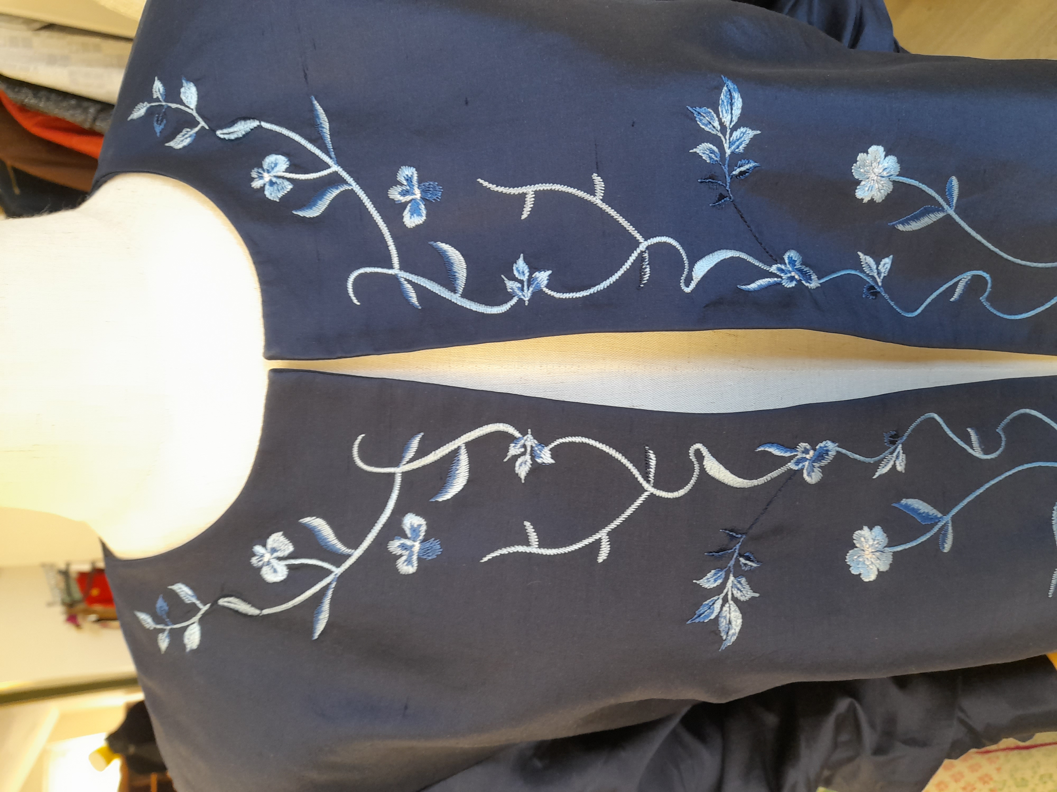 Knee Length Navy and Blue Silk Jacket, Size 10