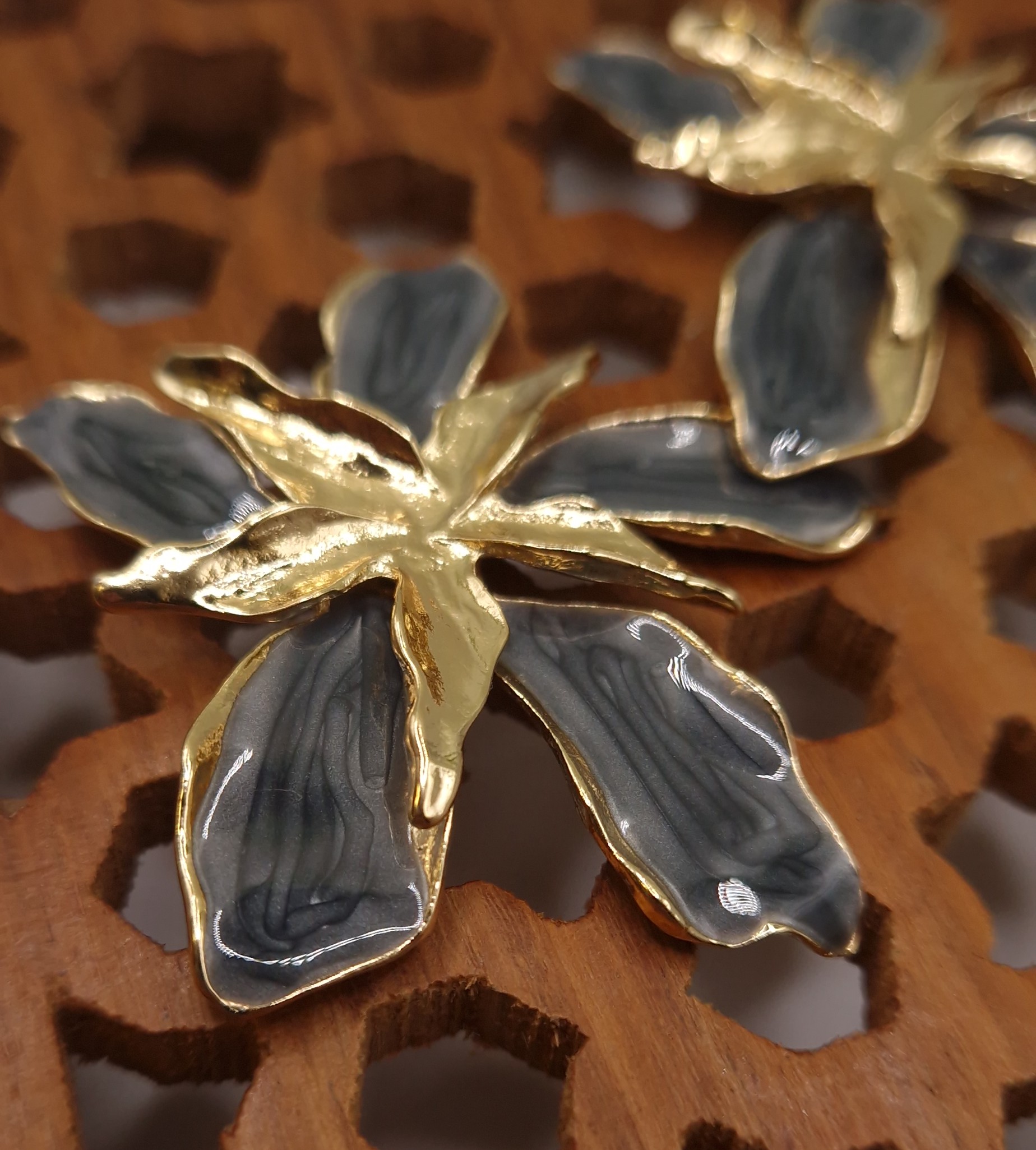 black or charcoal grey enamel flower stud earrings