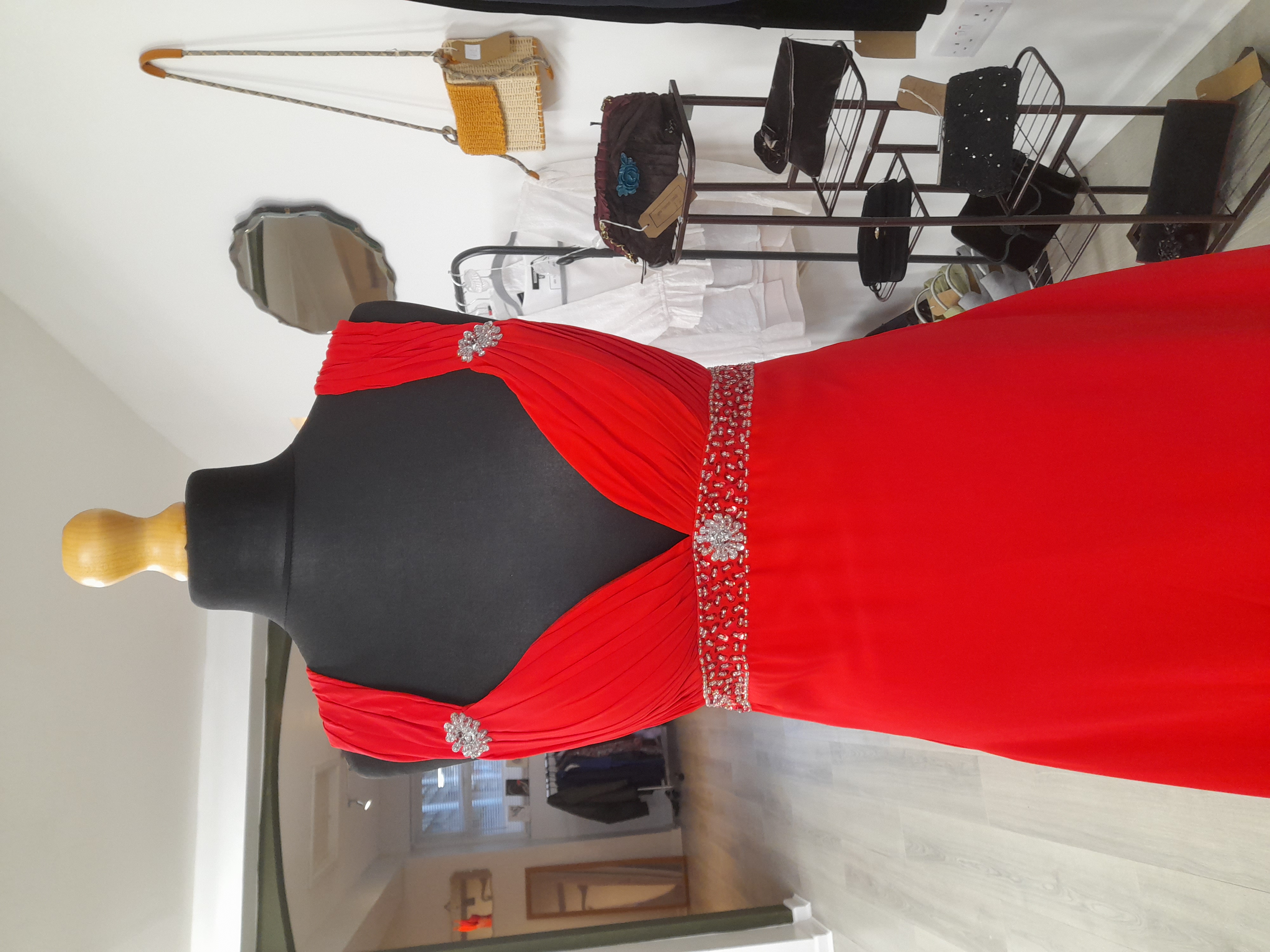 Red Chiffon Long Wedding Evening Dress,  Neck Crystal Rhinestone Beaded Size 8