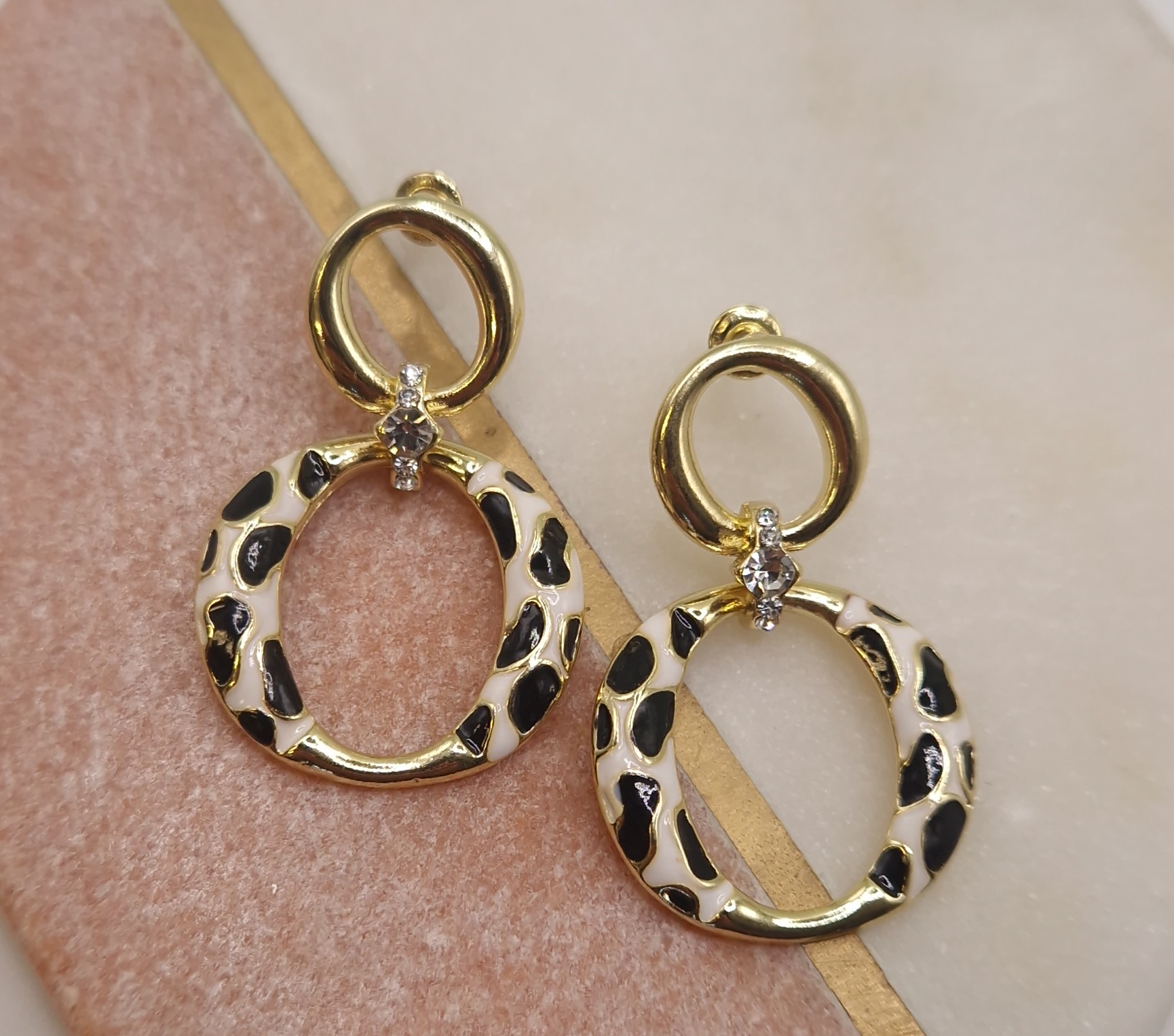 Leopard print or black and white enamel hoop earrings