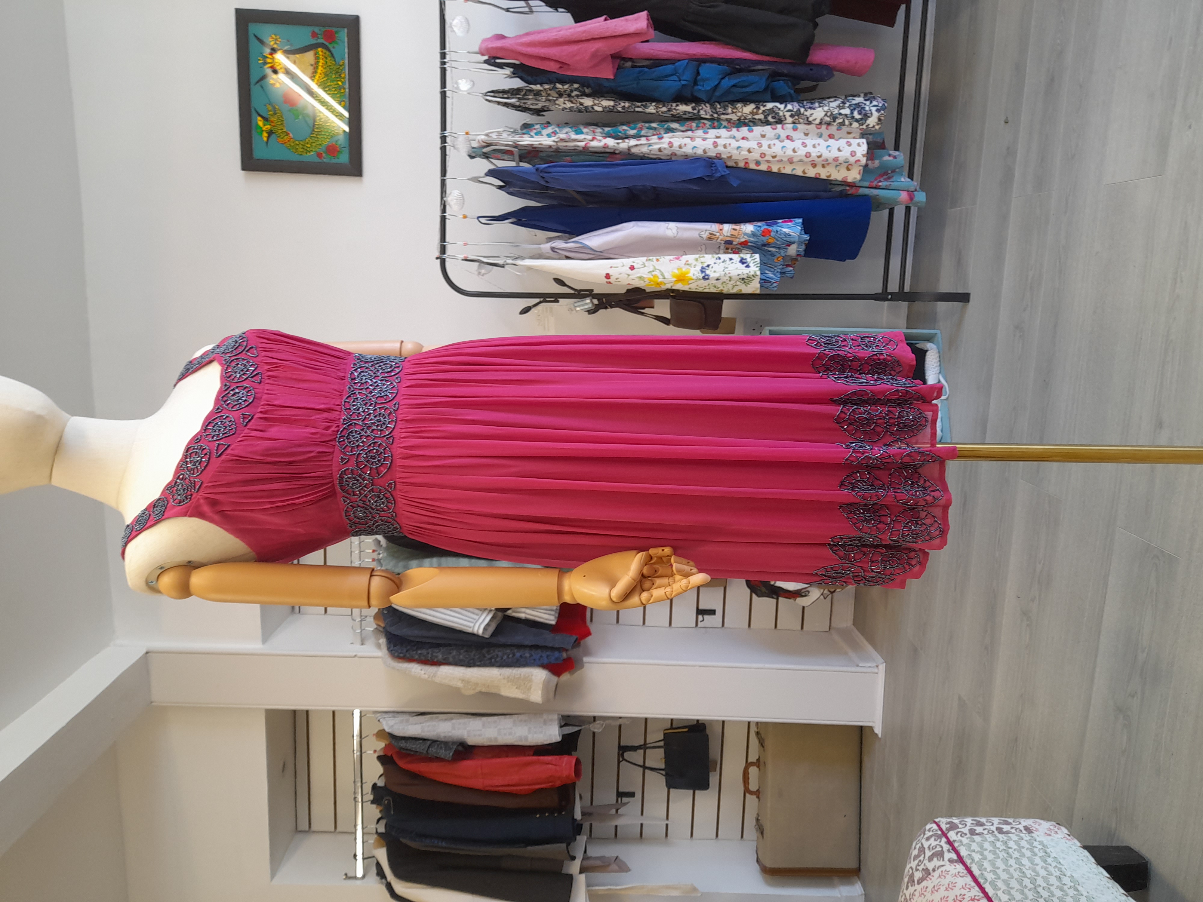 Twiggy The Collection Dark Pink Silk Dress with Grey Beads, size 12 