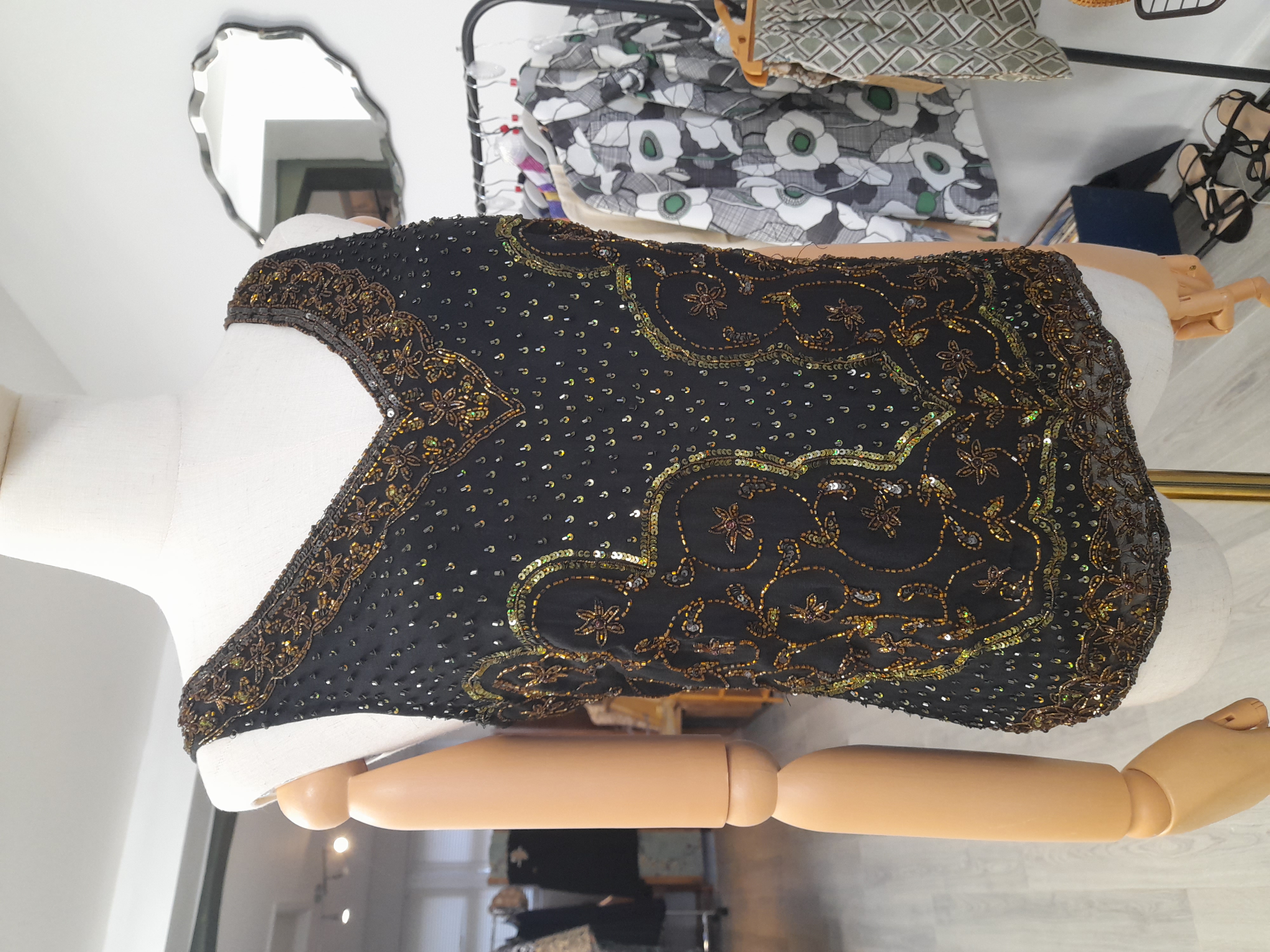 Malvin Vintage Silk Black Top with Gold and Green Beads, Size 38
