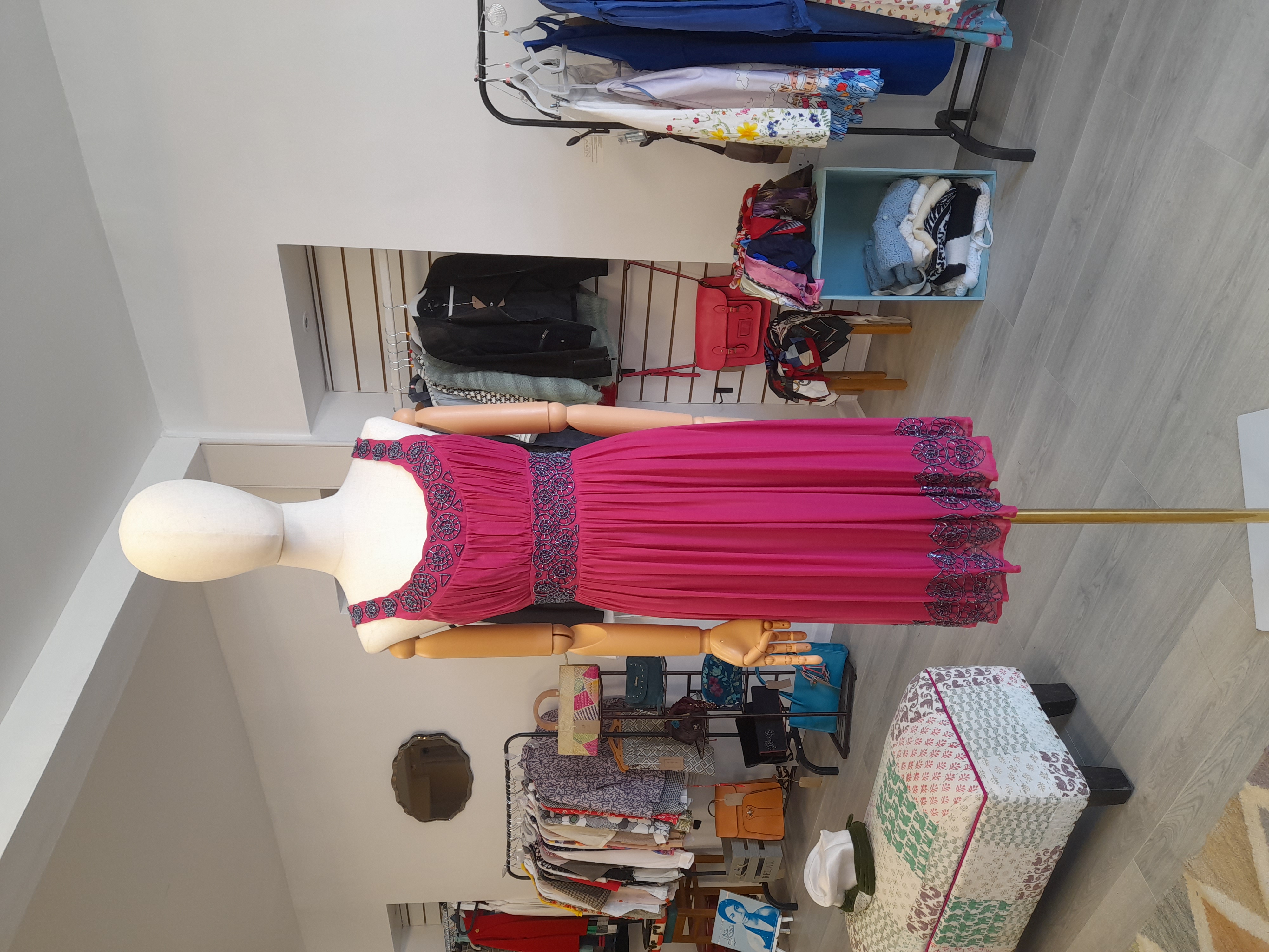 Twiggy The Collection Dark Pink Silk Dress with Grey Beads, size 12 
