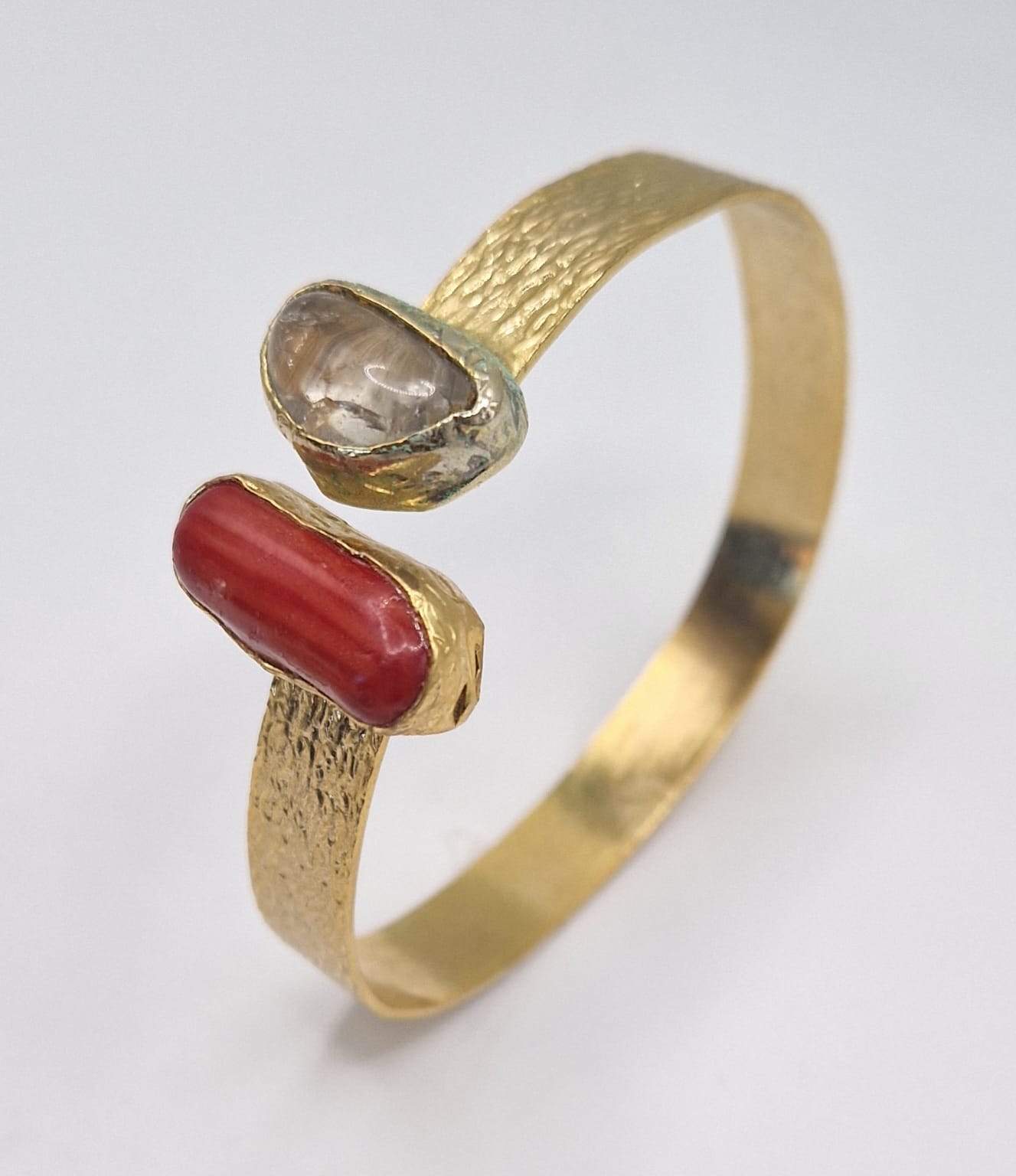 Handcrafted Gold-plated Bracelet with Red Coral & Crystal Quartz