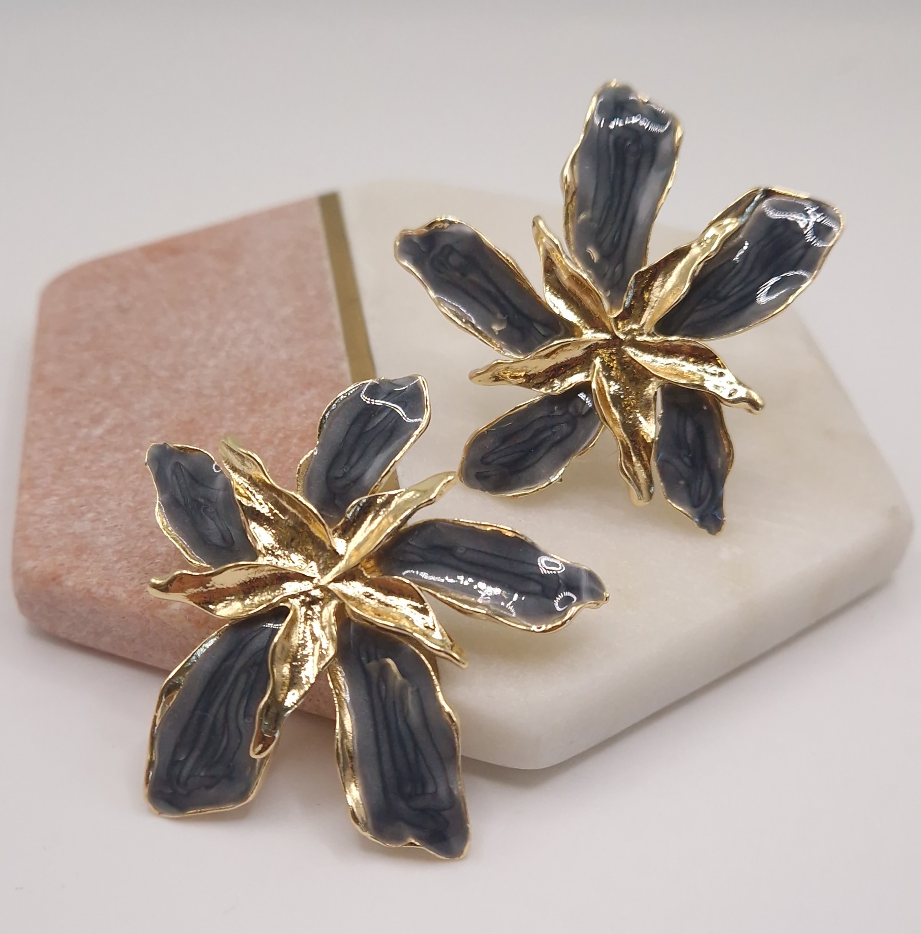 black or charcoal grey enamel flower stud earrings
