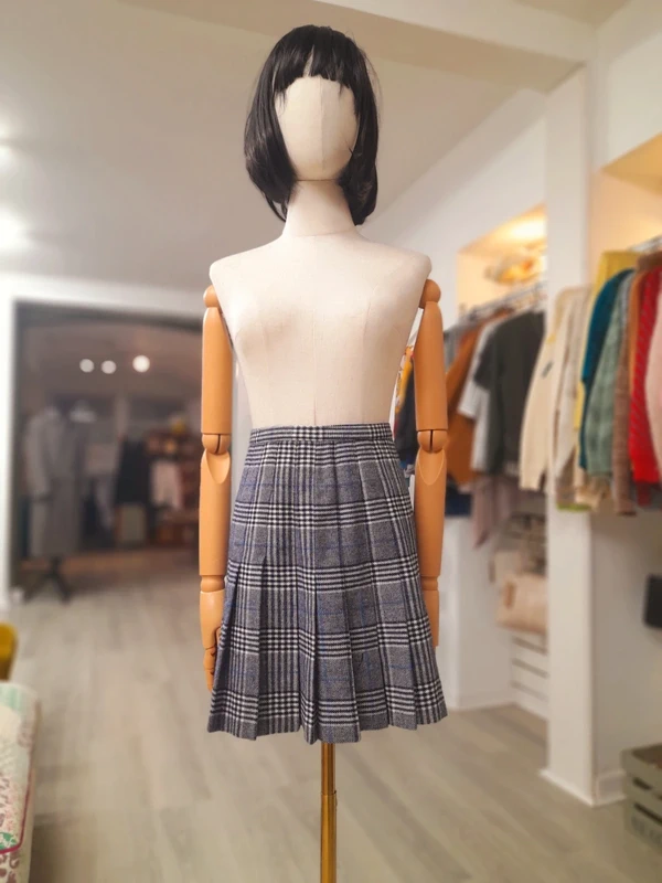 Vintage Navy & Blue Check Wool Mini Pleated Skirt, Size XS