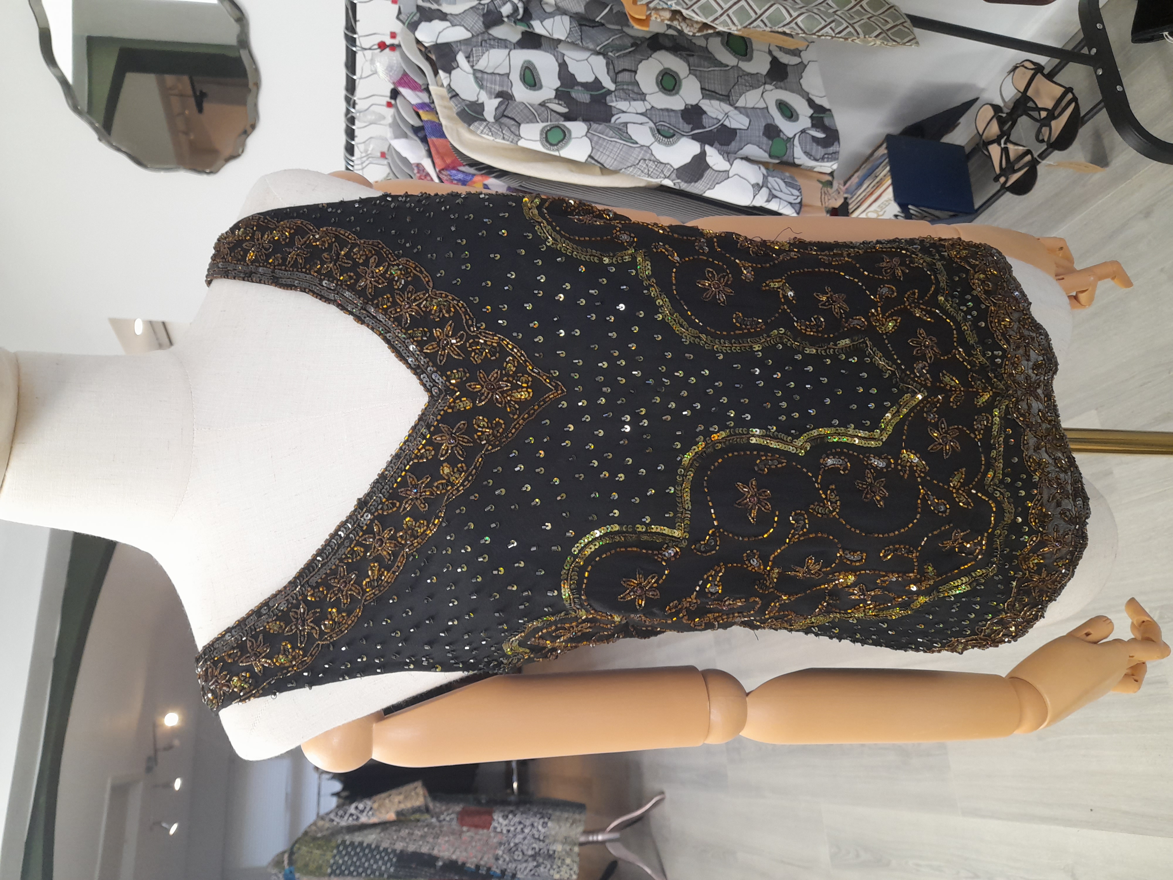 Malvin Vintage Silk Black Top with Gold and Green Beads, Size 38