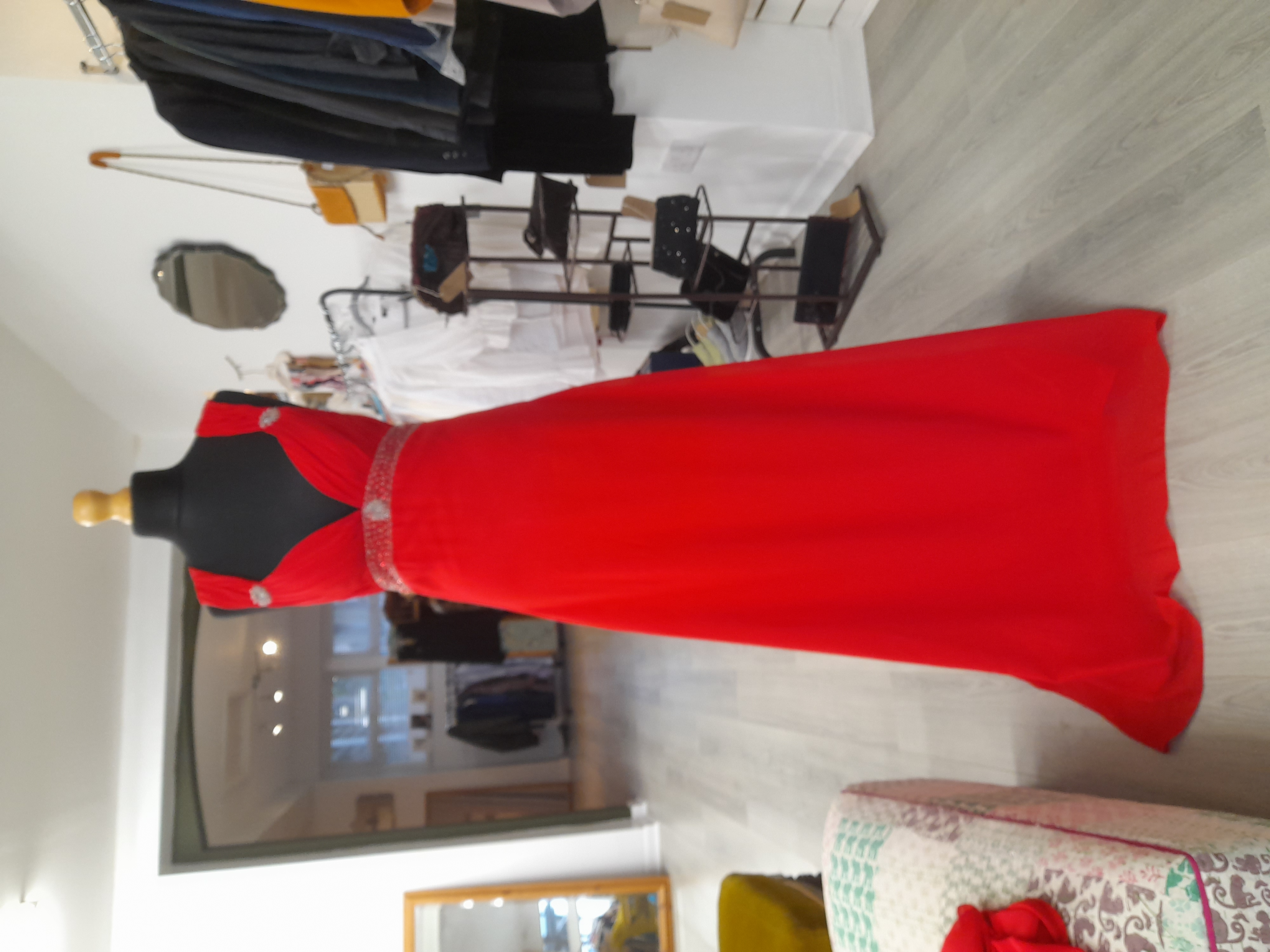 Red Chiffon Long Wedding Evening Dress,  Neck Crystal Rhinestone Beaded Size 8