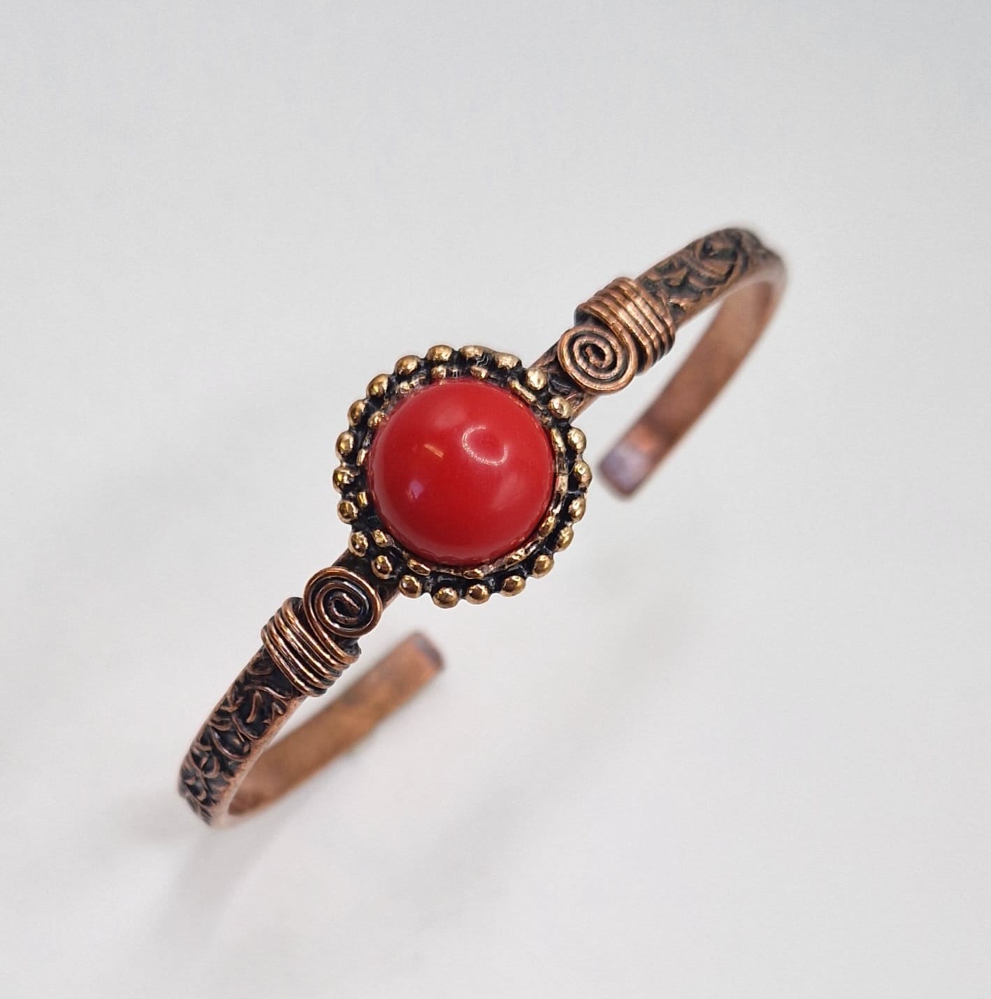 Copper Bracelet with Red Coral Stone – Adjustable Artisan Jewelry