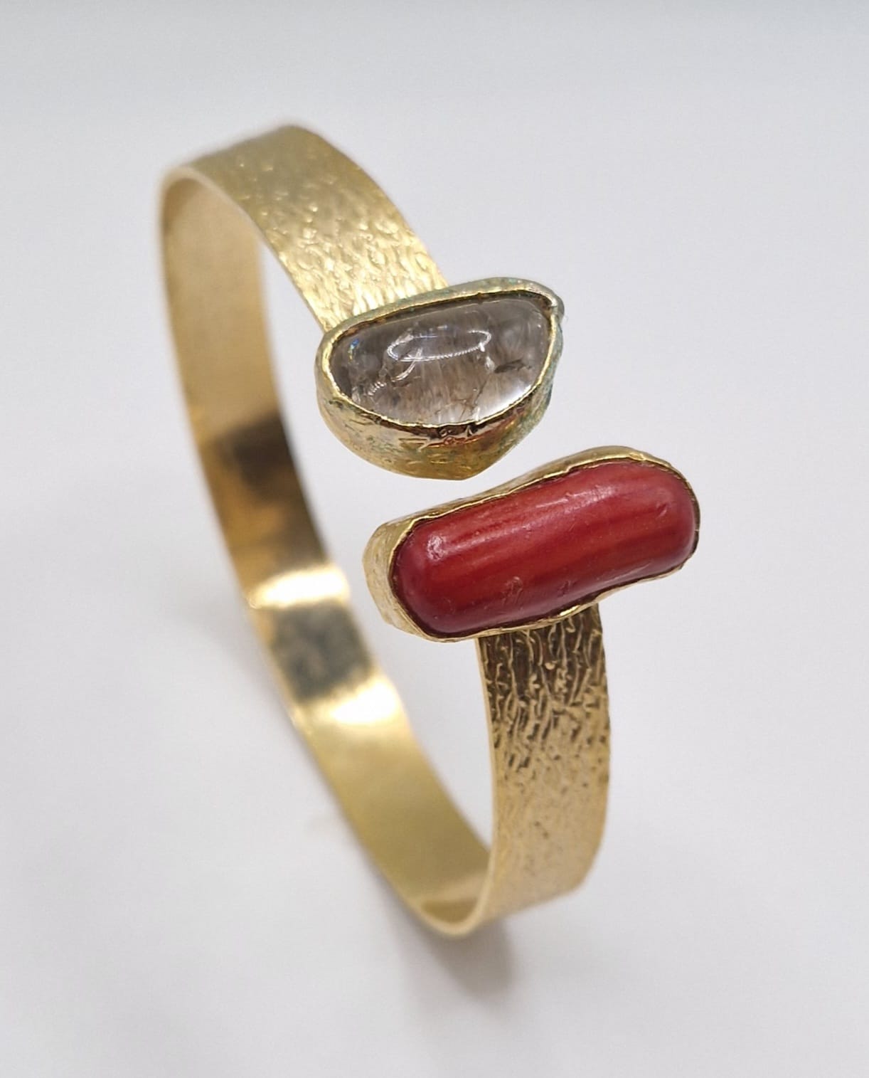 Handcrafted Gold-plated Bracelet with Red Coral & Crystal Quartz